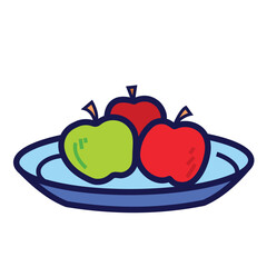Three apple fruits on plate colorful icon drawing illustration with outline isolated on square white background. Simple flat cartoon art styled drawing.