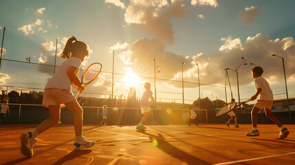 Group of children playing tennis on the beach with sea and sun shining in the background.