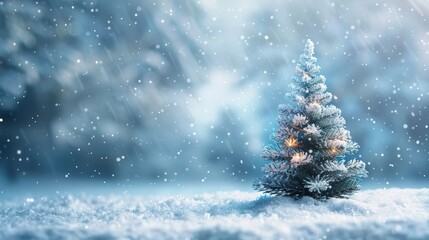 Christmas Tree in a Snowy Winter Landscape with Falling Snow and Warm Fairy Lights