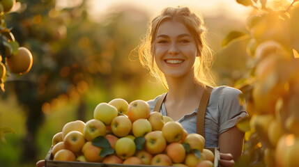 Beautiful young farmer woman holding a wooden box full of yellow apple fruits standing in the field with sunset. Concept of healthy lifestyle, local farming and beauty.