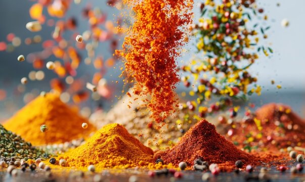 An assortment of vibrant spices like turmeric, paprika, and cumin floating in mid-air with a white background