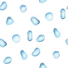Seamless pattern with blue water drops. Watercolor illustration of pure falling water drop. Watercolor painting for banners, cards, websites, design