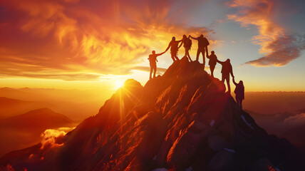 silhouettes of group of people climbing mountain at sunset