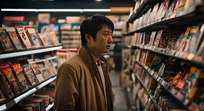 Japanese man in a comic book store.