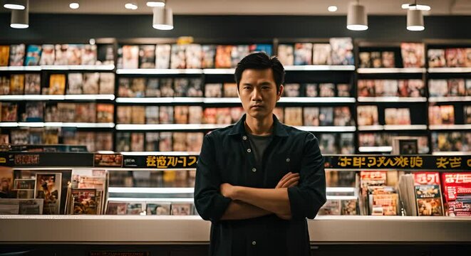 Japanese man in a comic book store.