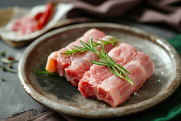Raw Fresh Pork on Dish, healthy food, Advertising Photography, Generative AI