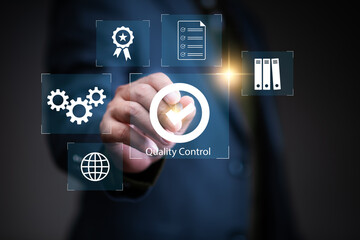 Product Quality control concept, Mnn using laptop with check mark symbol represents the standard quality control.