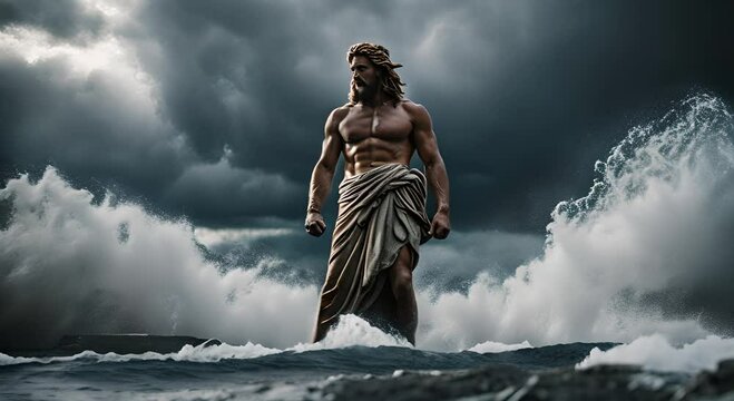Greek god Poseidon in the sea.
