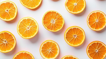 Fototapeta premium Close-up of orange slices laid out in a pattern on a clean white table, forming a bright and refreshing background