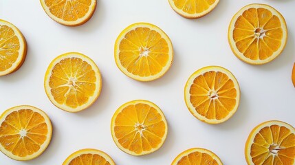Obraz premium Close-up of orange slices laid out on a clean white table, forming a bright and refreshing background
