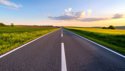 Naklejka premium Empty Asphalt Road Through Green Fields at Sunset