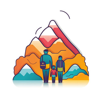 family hiking colorful mountain scene clip art preview