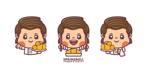 chef cartoon mascot with spring roll
