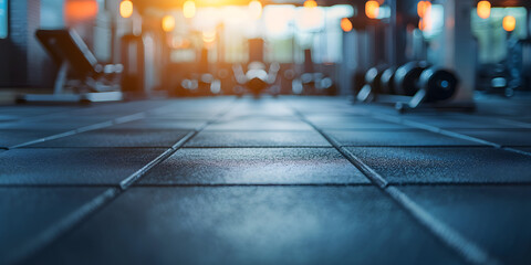 Smooth gym flooring with soft lighting and a blurred background of fitness equipment, perfect for promoting gym accessories or sportswear