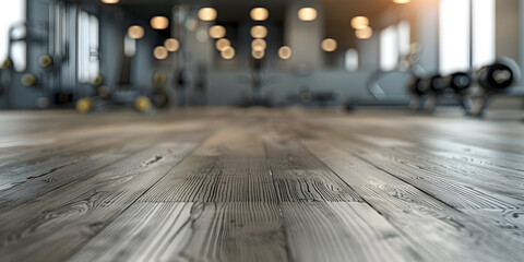 Smooth gym flooring with soft lighting and a blurred background of fitness equipment, perfect for promoting gym accessories or sportswear 