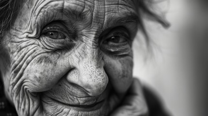 The wrinkles around the womans eyes and mouth showcase the genuine moments of laughter captured in the photo. Black and white art