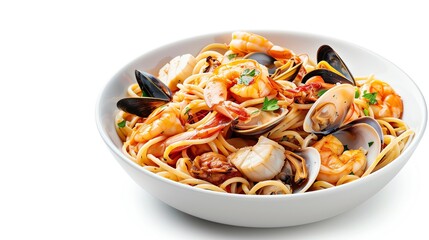 A bowl of mixed seafood pasta with shrimp, clams, and scallops, on a pristine white background, with plenty of copy space for advertisements and food product photography