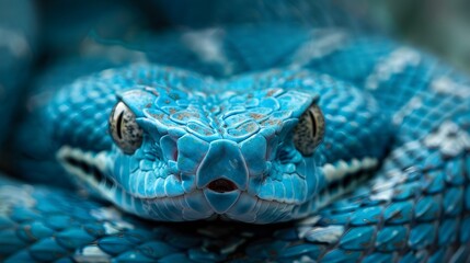 Fototapeta premium Blue viper snake closeup face. 