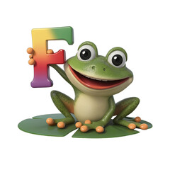 3d cute Frog Cartoon holding letter F, kids book