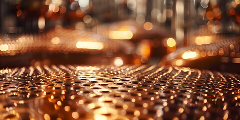 Textured copper surface with a soft-focus background of a distillery, perfect for promoting artisanal spirits or craft beverages