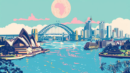 Fototapeta premium Risograph riso print travel poster, card, wallpaper or banner illustration, modern, isolated, clear and simple of Sydney, Australia. Artistic, screen printing, stencil digital duplication