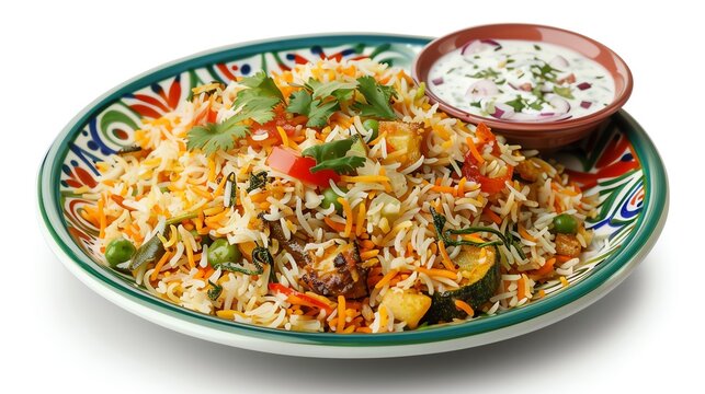 A colorful plate of vegetable biryani with a side of raita, displayed on an isolated white background, perfect for showcasing authentic Indian dishes in promotional content