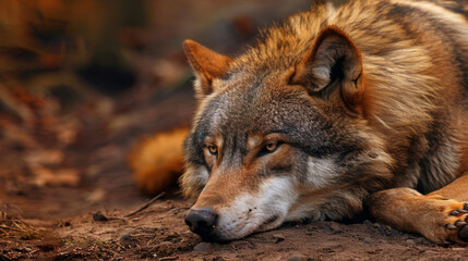 Obraz premium A wolf is laying down on the ground, old animal going to die