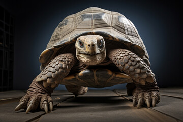 A photo of a giant tortoise, with a serious look on its face, staring at the camera.