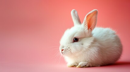Obraz premium A fluffy white rabbit lying down with ears slightly back, looking relaxed, against a soft pink background, positioned on the right side with the left side empty