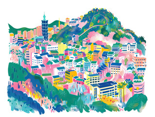 Naklejka premium Risograph riso print travel poster, card, wallpaper or banner illustration, modern, isolated, clear and simple of Taipei, Taiwan. Artistic, screen printing, stencil digital duplication