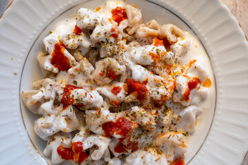 traditional home turkish manti in close-up