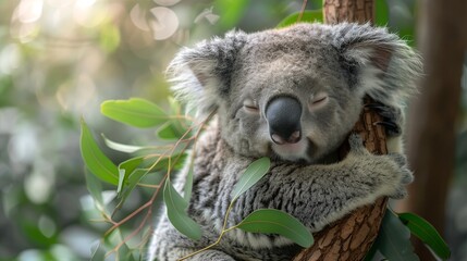 Fototapeta premium A sleepy koala hugging a small tree branch, eyes half-closed, against a soft grey background, positioned on the right side with the left side empty.