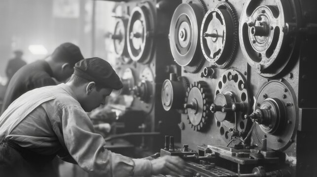Industrial worker operating machinery in vintage factory. Concept of historical industrial labor, suitable for educational materials, history documentaries, and retro-themed content.