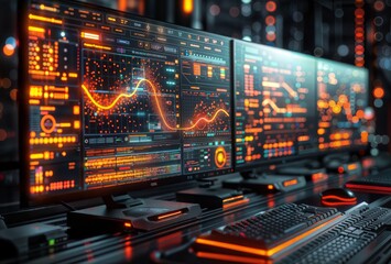 Obraz premium Futuristic data visualization on multiple curved monitors in dark room. Colorful graphs, charts, and analytics displayed on high-tech screens, representing big data analysis.