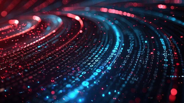 Abstract dark background, with lines composed of numerical codes interwoven in geometric scenes, interconnected, it is a highway of information data