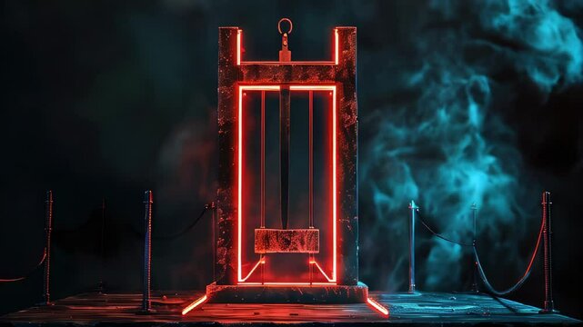 Dark, eerie scene featuring illuminated guillotine with red neon lights and surrounding mist