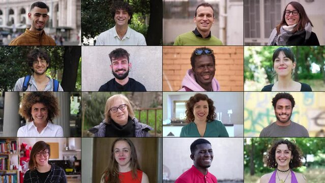 A multiscreen display featuring 16 smiling individuals from different ethnic backgrounds, including a majority of Caucasians and several Africans, radiating joy and positivity.