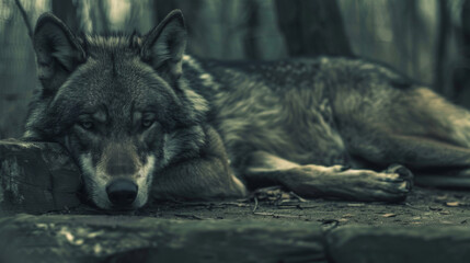 Obraz premium An old wolf is laying down on a stone slab