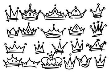 Sketch crown. Simple graffiti crowning, elegant queen or king crowns hand drawn. Royal imperial coronation symbols, monarch majestic jewel tiara isolated icons vector illustration set