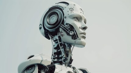 Craft a futuristic dystopian robot, with abstract artistic details, from an unexpected camera perspective