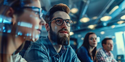 Fototapeta premium Bearded man wearing glasses looking thoughtfully at a presentation or conference.