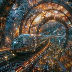 A futuristic train travels through a vibrant space-themed cityscape, featuring glowing lights, advanced architecture, and a dynamic cosmic background.