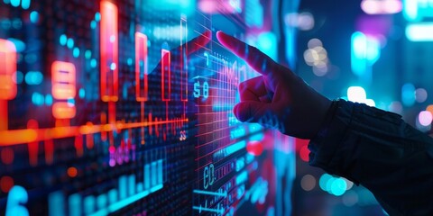 Finger touching futuristic stock market graph with glowing lights in background.