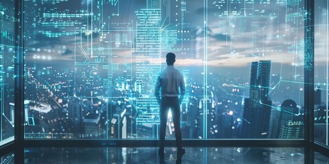 The man standing alone in front of the city with blue light.