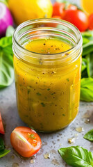 Citrus vinaigrette in a glass jar with fresh ingredients, gourmet salad ingredients, tangy and zesty