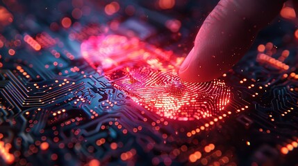 Fingerprint Glow Overlaying Neon Circuit Board 