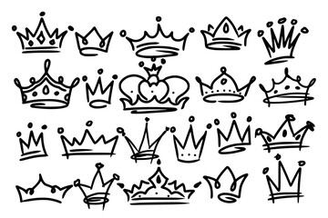 Sketch crown. Simple graffiti crowning, elegant queen or king crowns hand drawn. Royal imperial coronation symbols, monarch majestic jewel tiara isolated icons vector illustration set