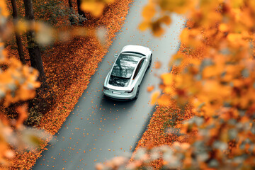 high angle view of an electric car in a autumn road
