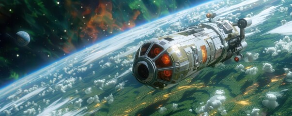 Produce a stunning, photorealistic tilted angle view of an Astronomical Gardening spaceship floating amidst cosmic greenspaces