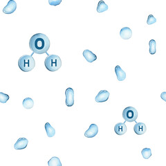 Seamless pattern with blue water drops and chemical formula of water. Illustration of pure falling water drop. Watercolor painting for banners, cards